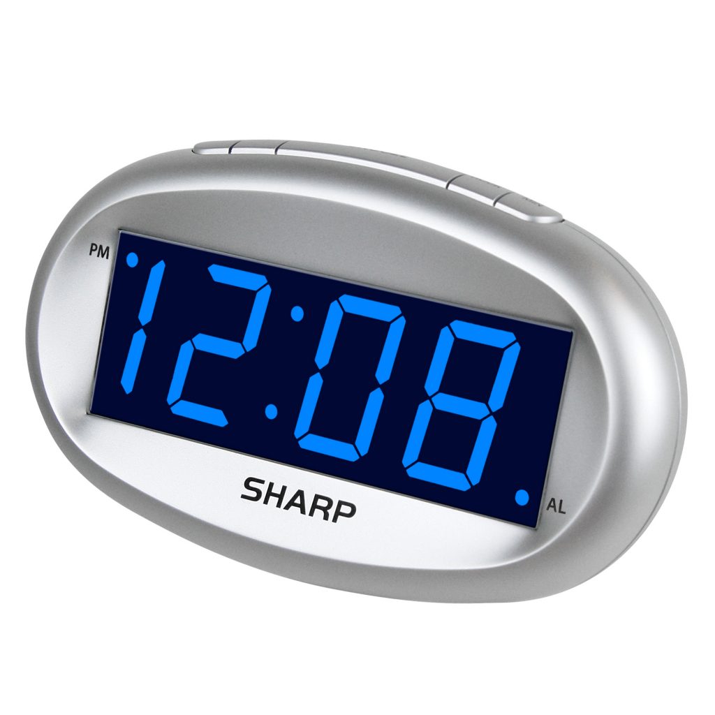 Sharp Blue Display LED Alarm Electric Clock Silver Model SPC-073 